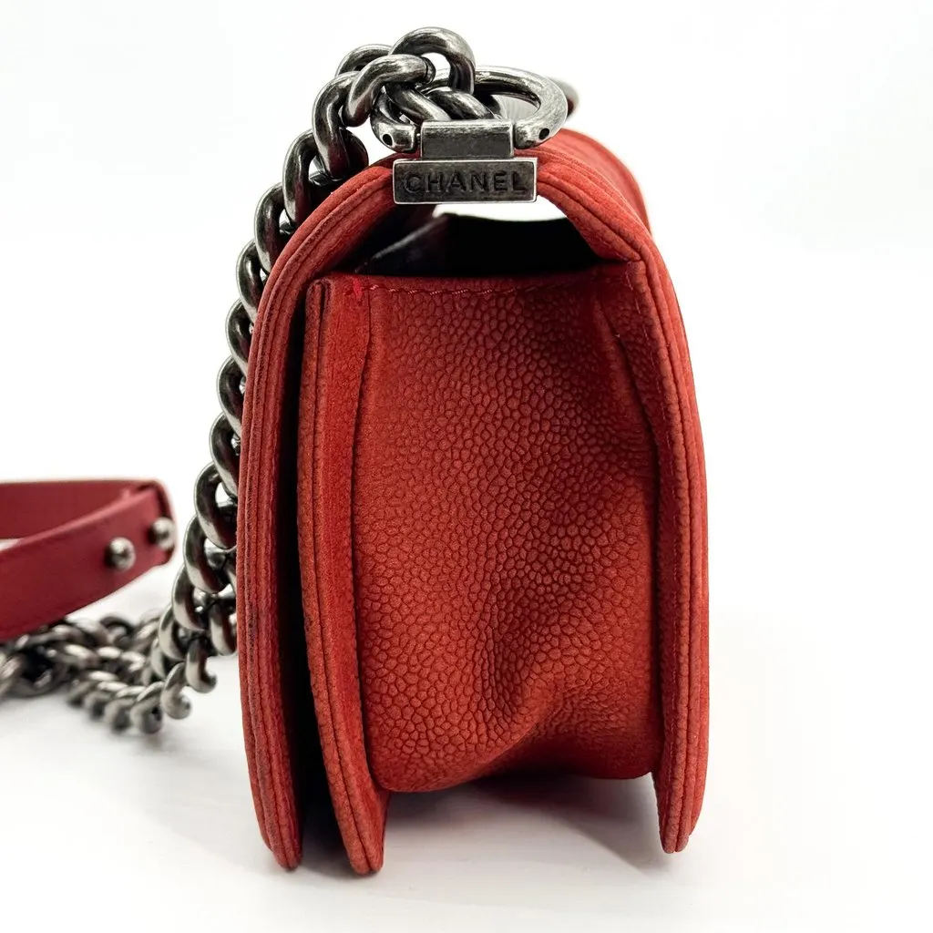 Chanel Boy Chanel Small Flap Bag Antique Silver Red Red Leather Good - Model View