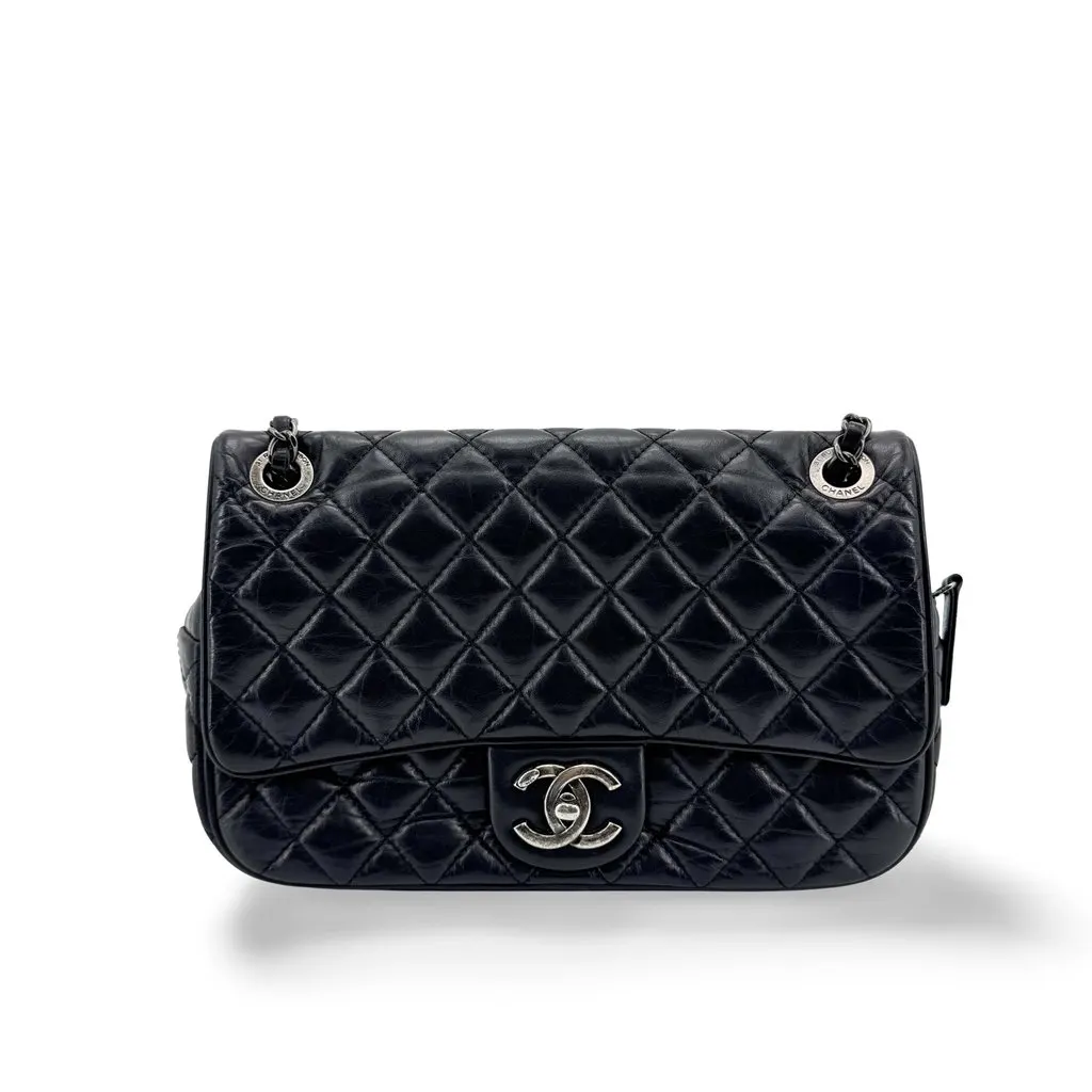 Chanel 31 Rue Cambon Flap Bag Aged Calfskin Silver Black Black Leather Good - Front View