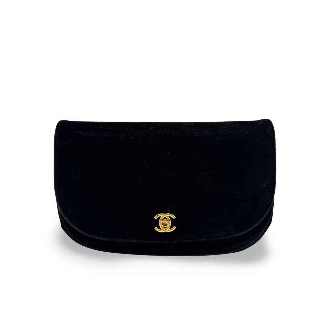 Chanel Vintage Velvet Half Moon Clutch Pouch Black Gold Hardware Black Velvet Good - Front View
