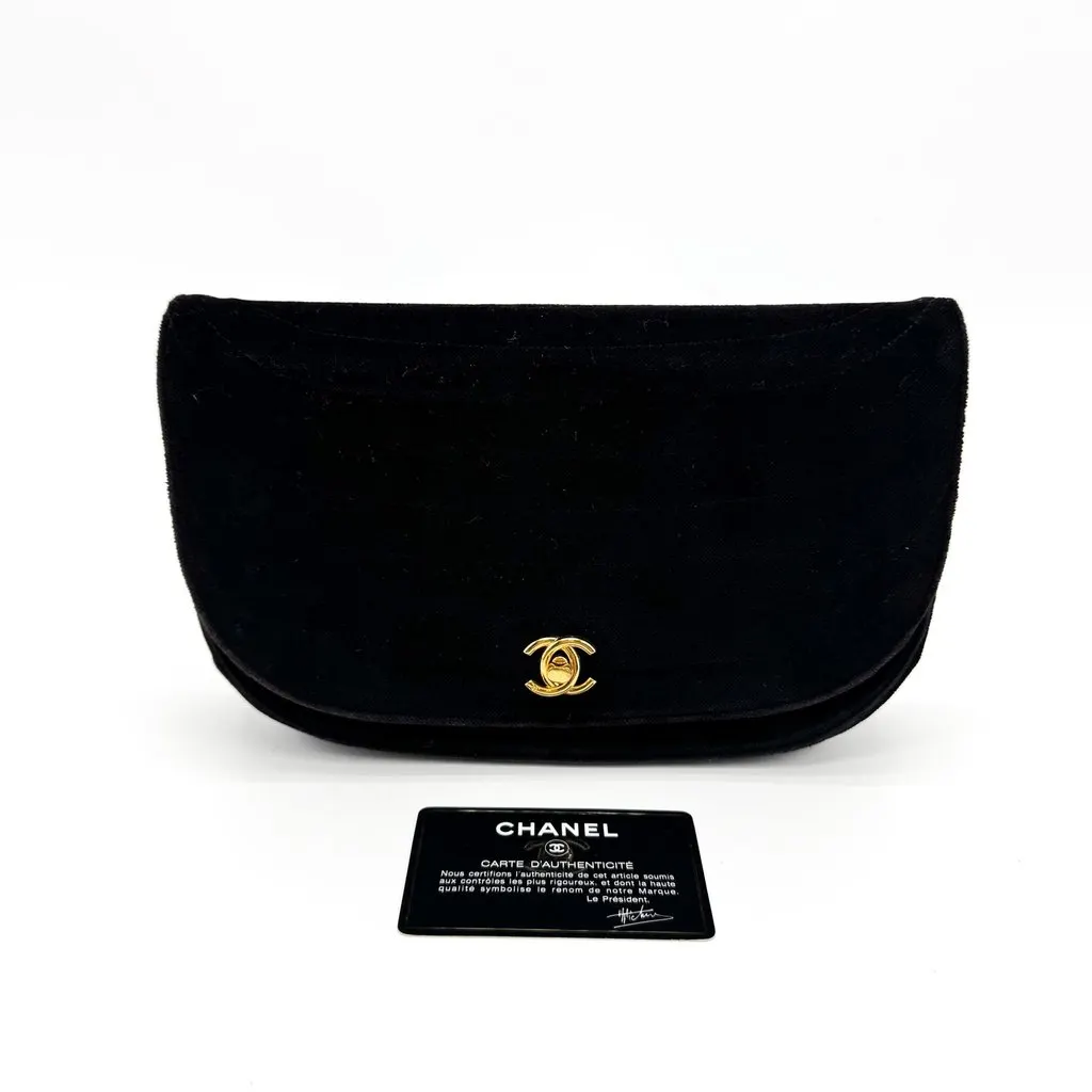 Chanel Vintage Velvet Half Moon Clutch Pouch Black Gold Hardware Black Velvet Good - Back View