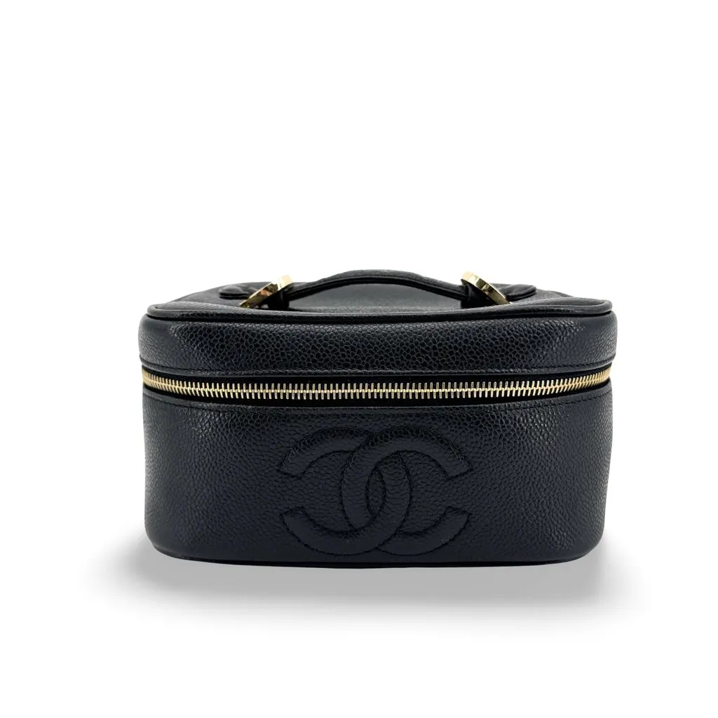 Chanel CC Logo Caviar Vanity Case Gold Black Black Leather Good - Front View
