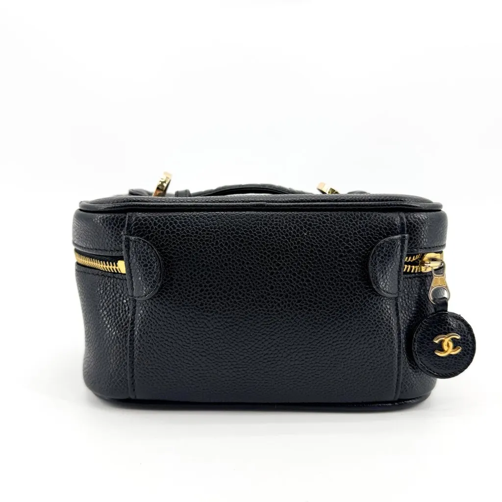 Chanel CC Logo Caviar Vanity Case Gold Black Black Leather Good - Back View