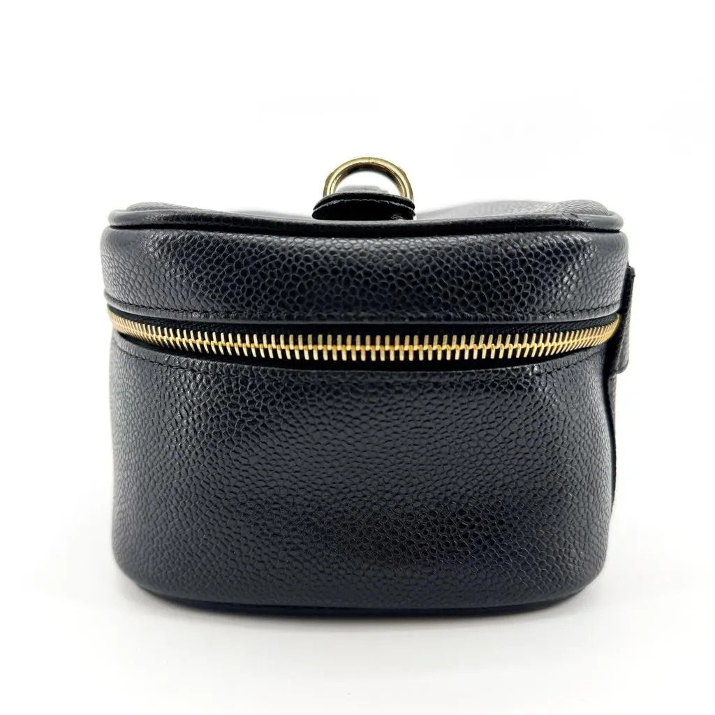 Chanel CC Logo Caviar Vanity Case Gold Black Black Leather Good - Inside View