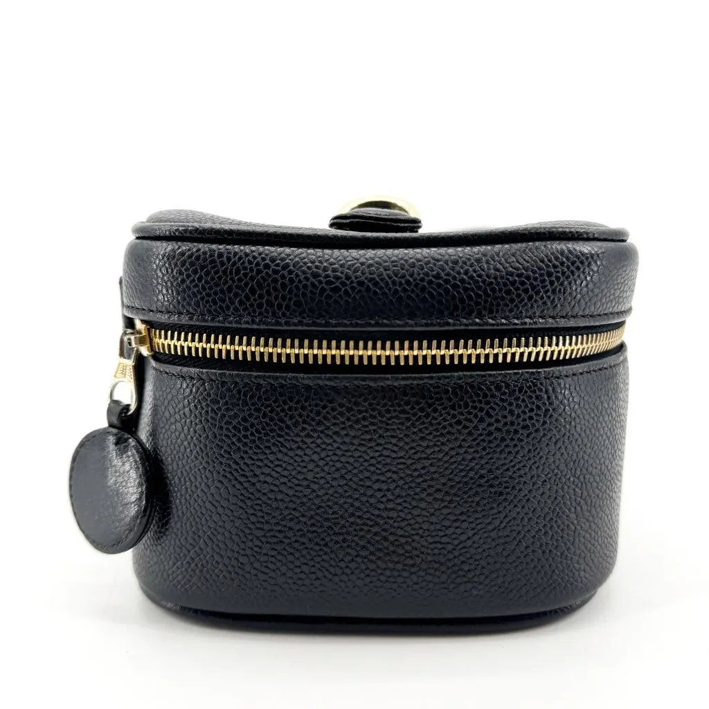 Chanel CC Logo Caviar Vanity Case Gold Black Black Leather Good - Model View