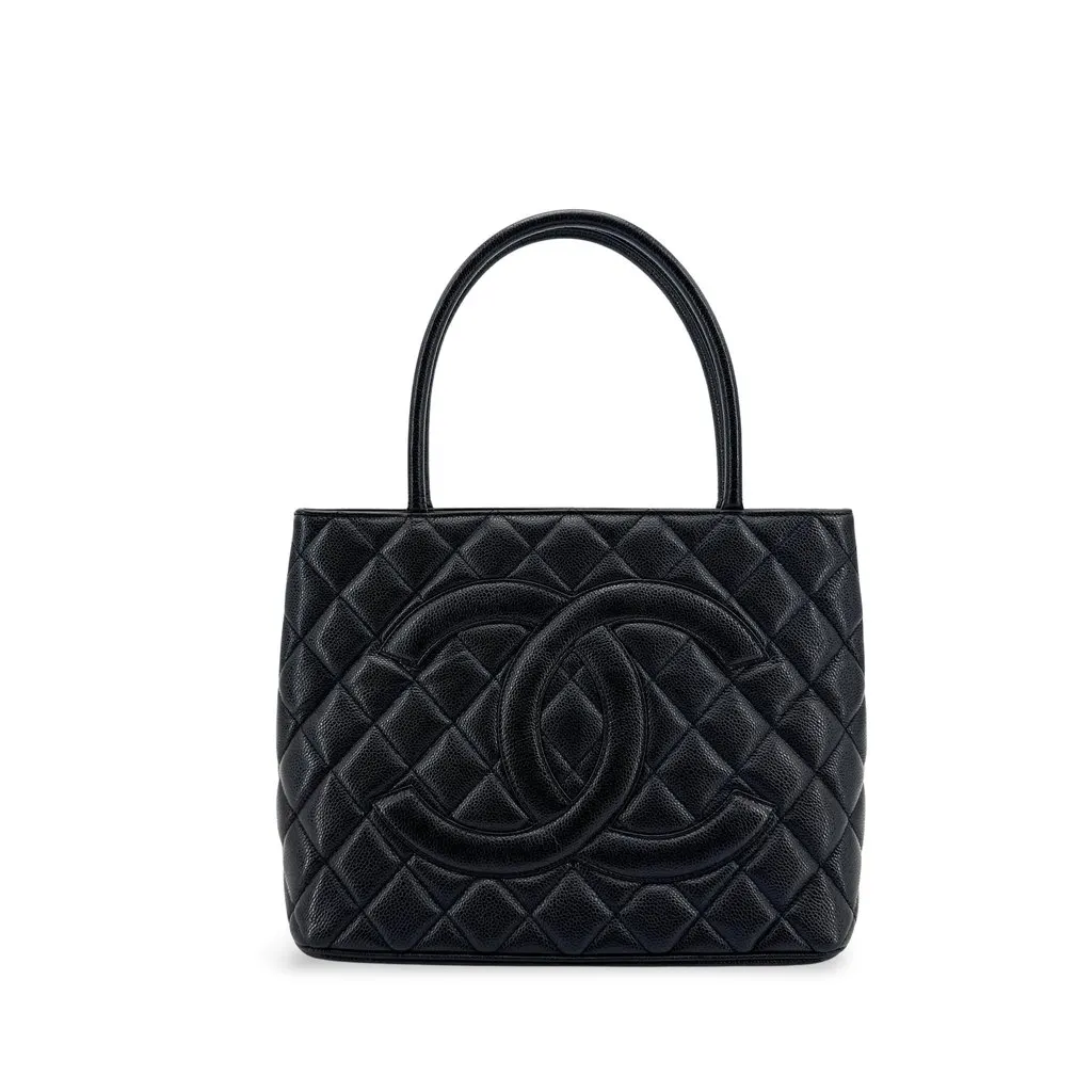 Chanel Caviar Medallion Tote Bag Black Black Leather Very good - Front View