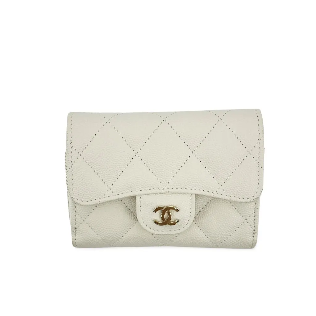 Chanel Classic Flap Card Holder Caviar Gold White White Leather Very good - Front View