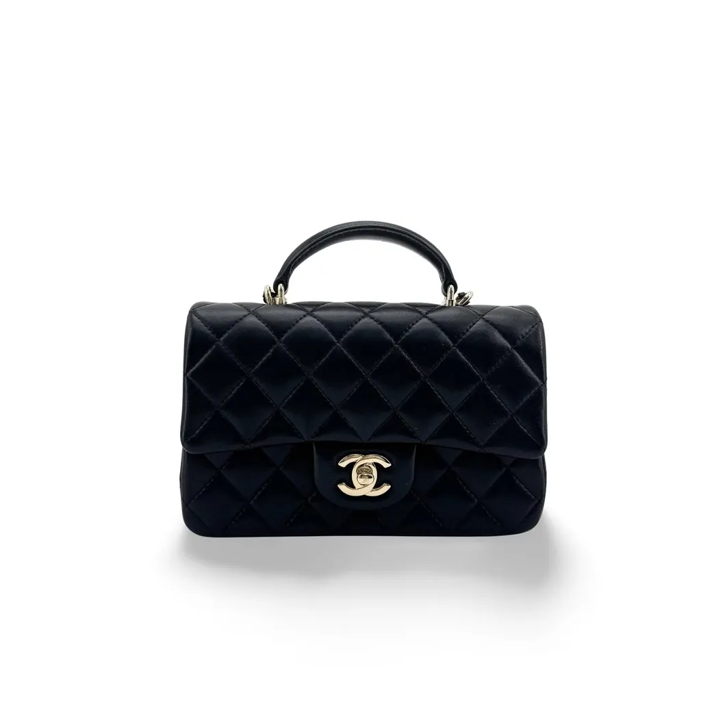 Chanel Classic Mini Flap Bag with Top Handle Lambskin Gold Hardware Black Black Leather Very good - Front View