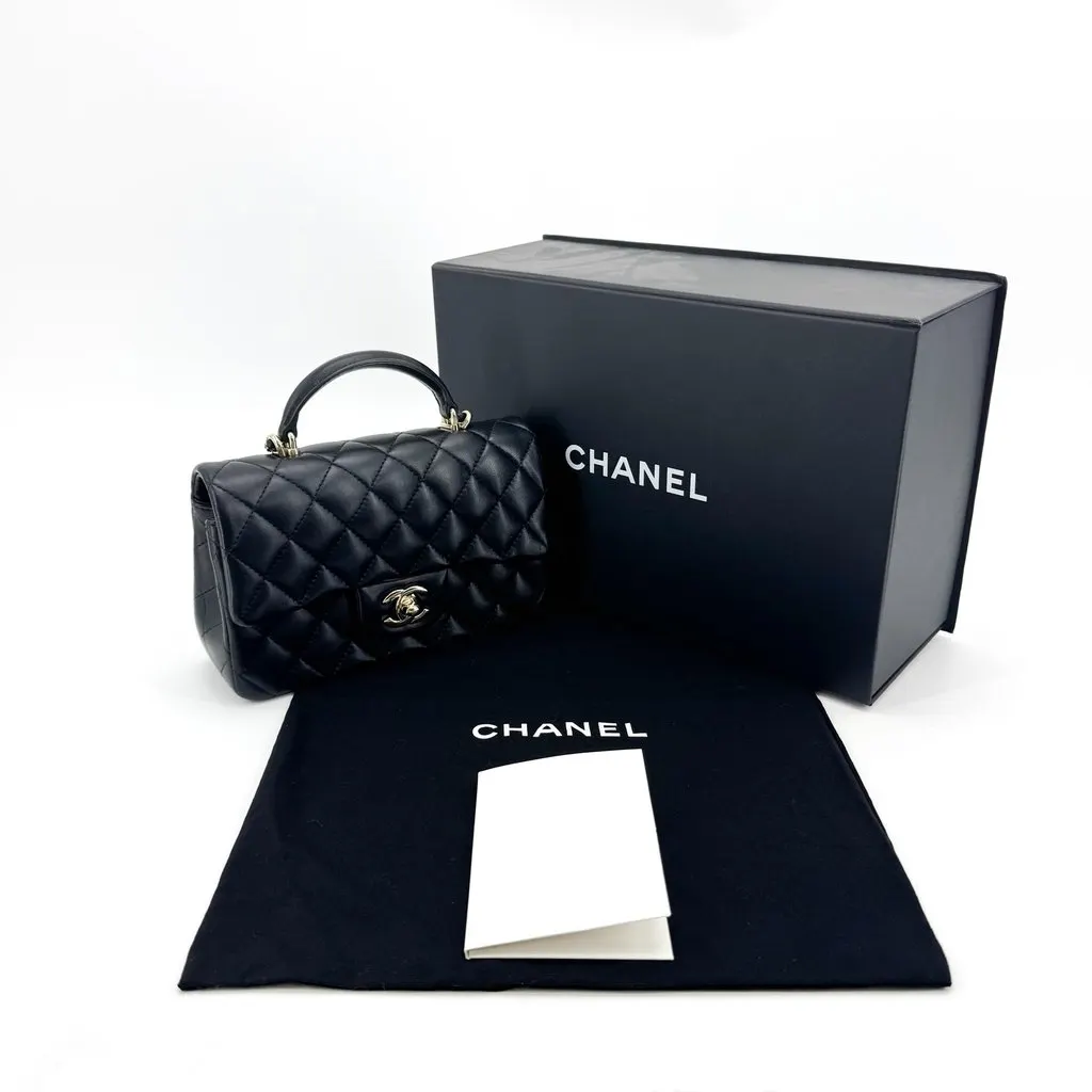 Chanel Classic Mini Flap Bag with Top Handle Lambskin Gold Hardware Black Black Leather Very good - Back View