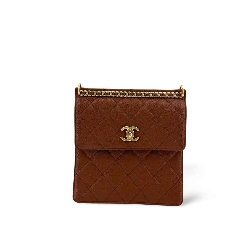 Chanel Grained Calfskin Quilted Mini Chain Flap Bag Brown Gold Hardware Brown Leather Very good - Front View