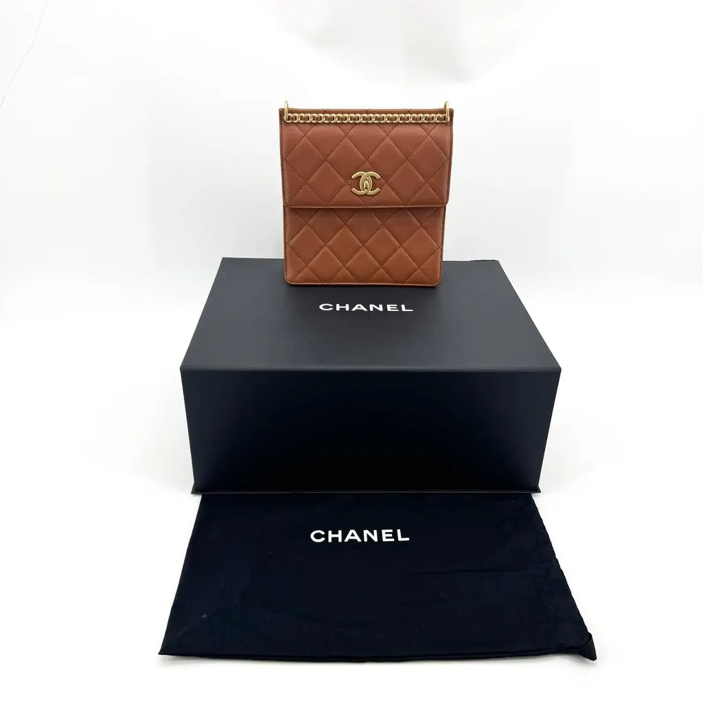 Chanel Grained Calfskin Quilted Mini Chain Flap Bag Brown Gold Hardware Brown Leather Very good - Back View