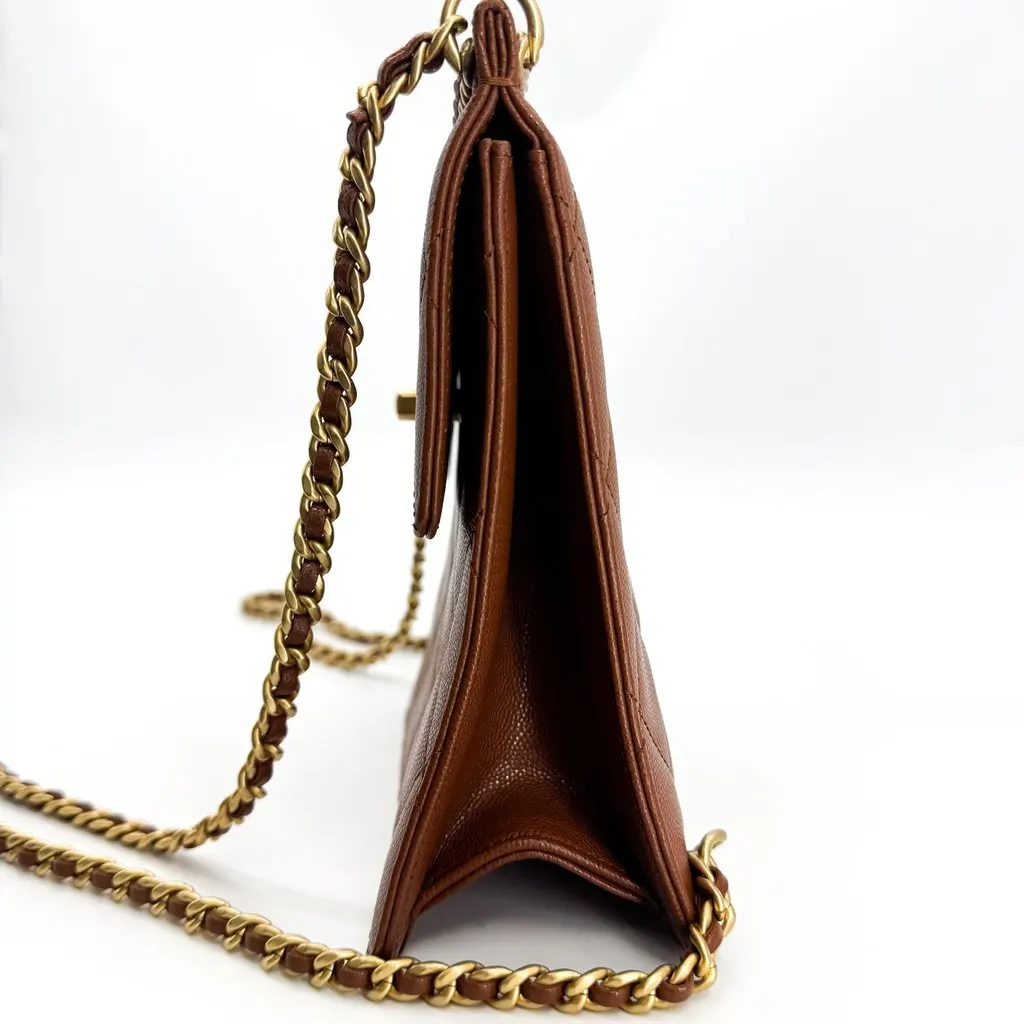 Chanel Grained Calfskin Quilted Mini Chain Flap Bag Brown Gold Hardware Brown Leather Very good - Model View