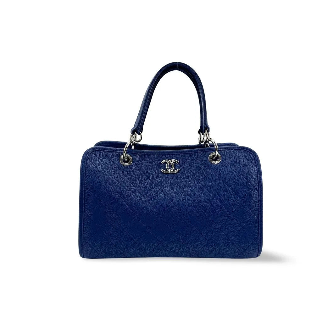 Chanel Caviar Quilted Tote Bag Navy Silver Navy Leather Good - Front View