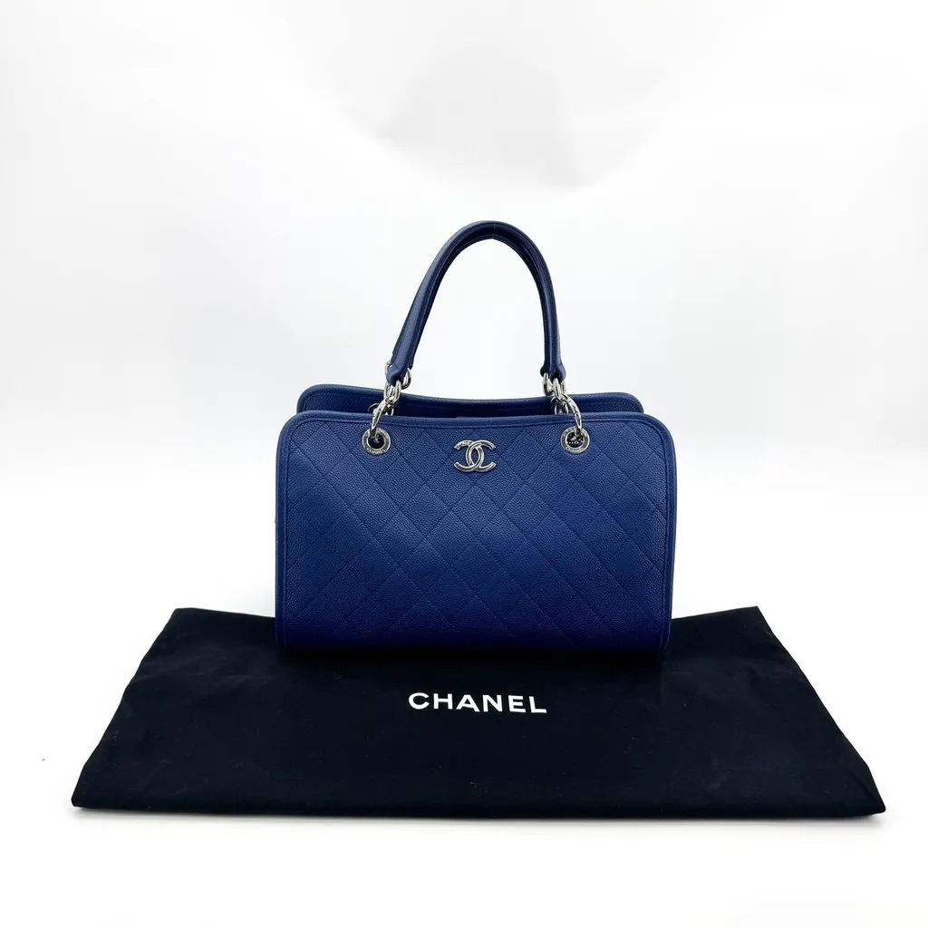 Chanel Caviar Quilted Tote Bag Navy Silver Navy Leather Good - Back View