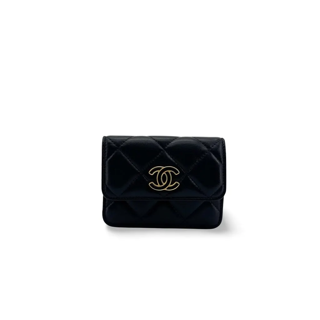 Chanel Classic Flap Card Holder Black Gold Black Leather Very good - Front View