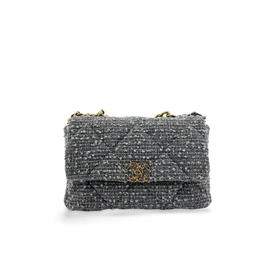 Chanel 19 Mini Flap Bag Tweed Grey MultiColor Tweed Good - Front View