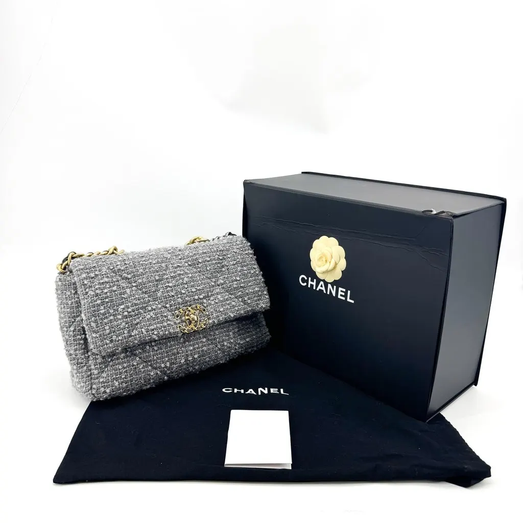 Chanel 19 Mini Flap Bag Tweed Grey MultiColor Tweed Good - Back View