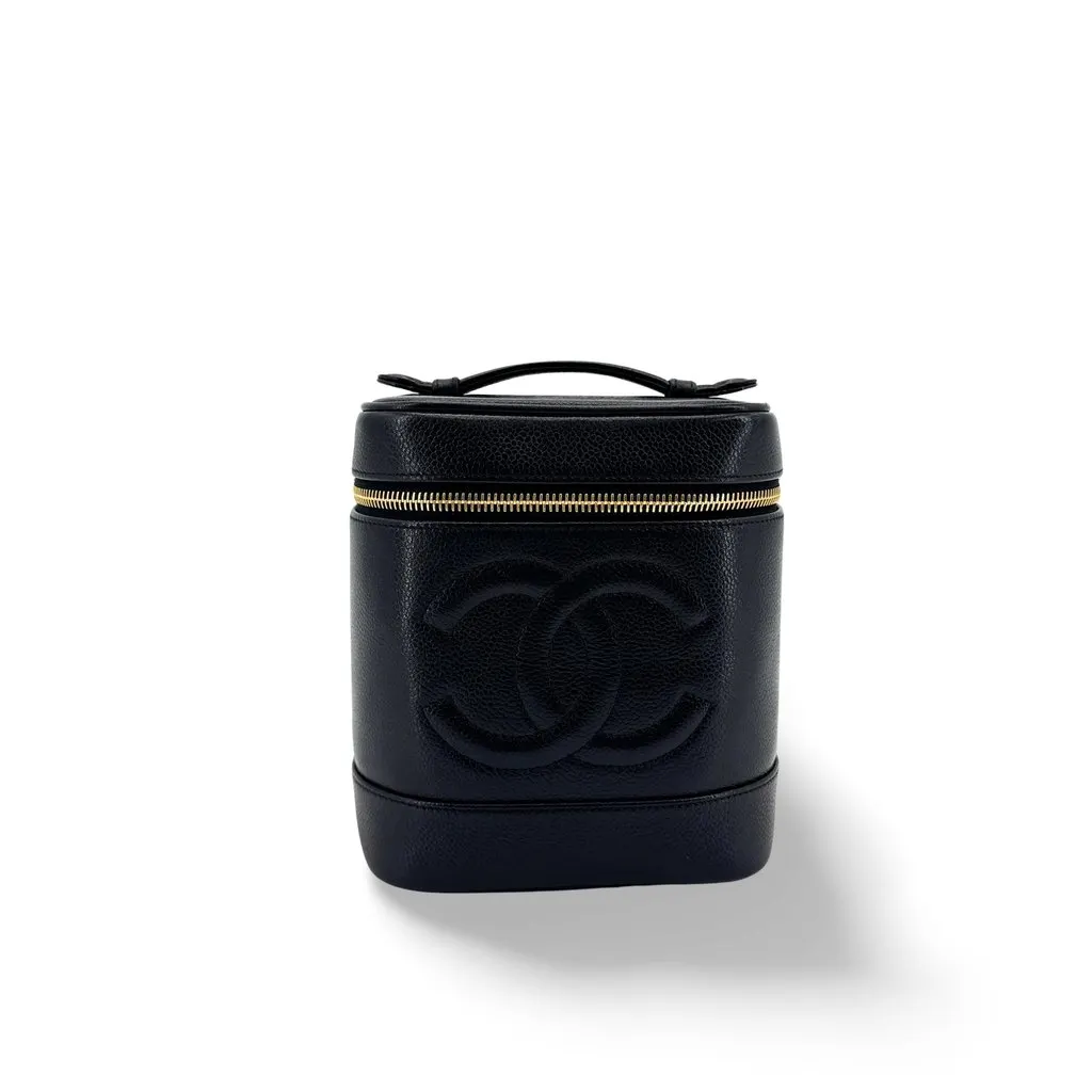 Chanel Caviar CC Logo Vanity Bag Black Gold Hardware Black Leather Good - Front View