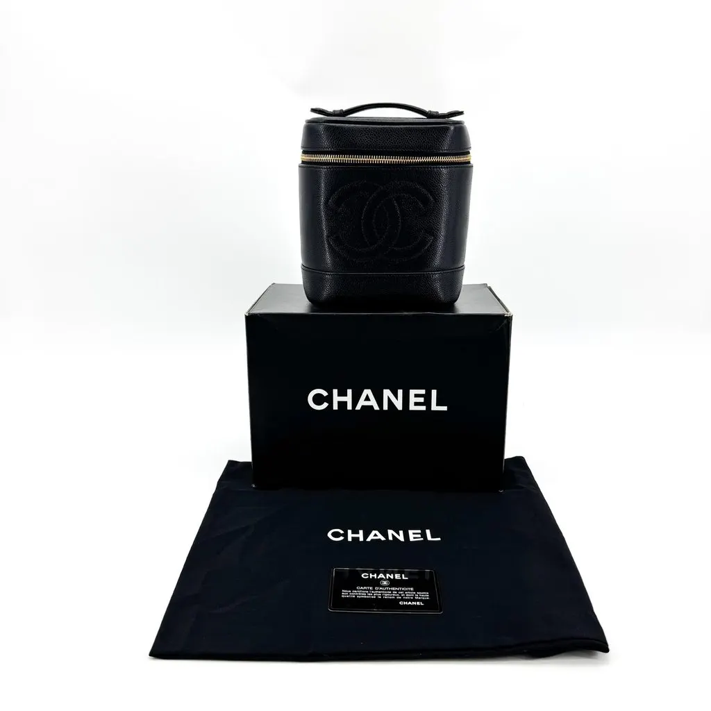 Chanel Caviar CC Logo Vanity Bag Black Gold Hardware Black Leather Good - Back View