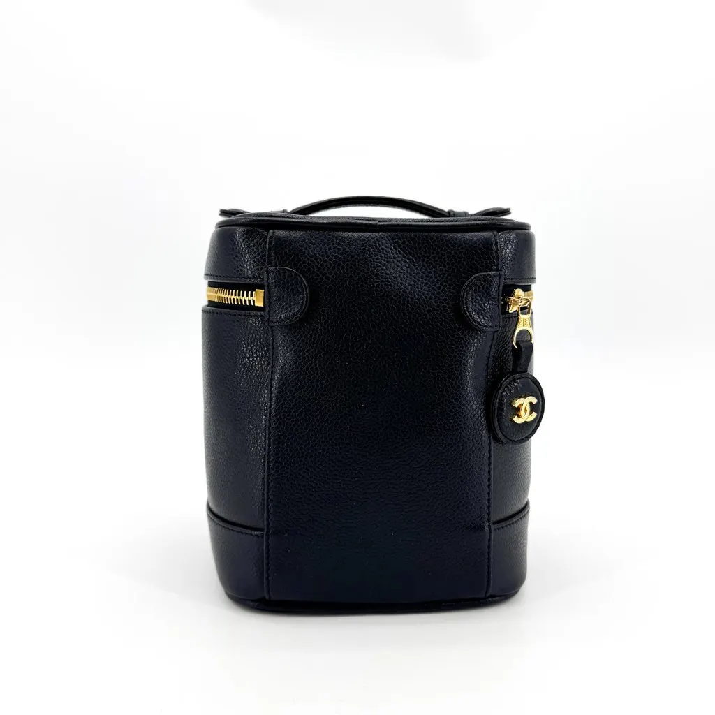 Chanel Caviar CC Logo Vanity Bag Black Gold Hardware Black Leather Good - Inside View