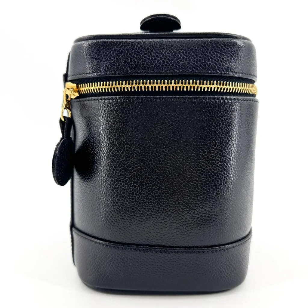 Chanel Caviar CC Logo Vanity Bag Black Gold Hardware Black Leather Good - Box View