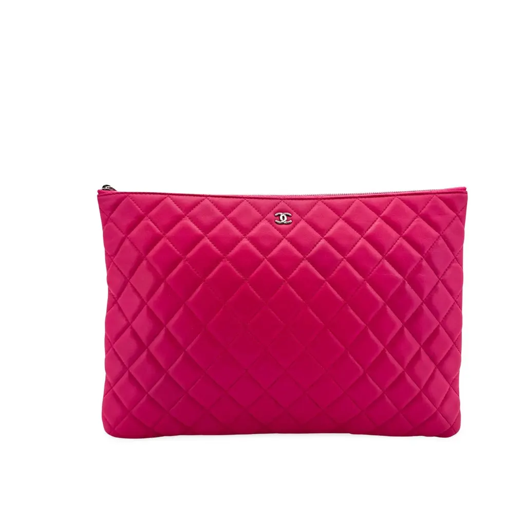 Chanel Classic Quilted O-Case Clutch Large Pink Silver Hardware Pink Leather Good - Front View