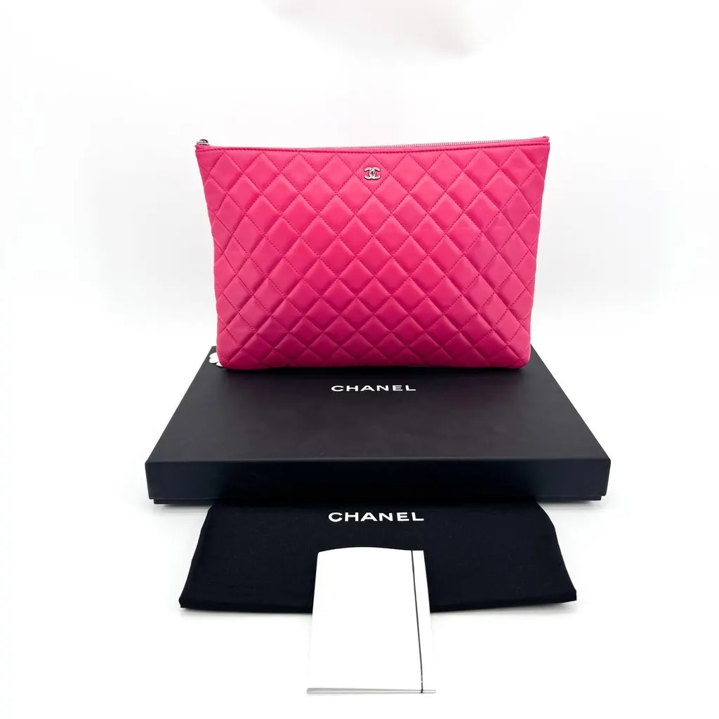 Chanel Classic Quilted O-Case Clutch Large Pink Silver Hardware Pink Leather Good - Back View