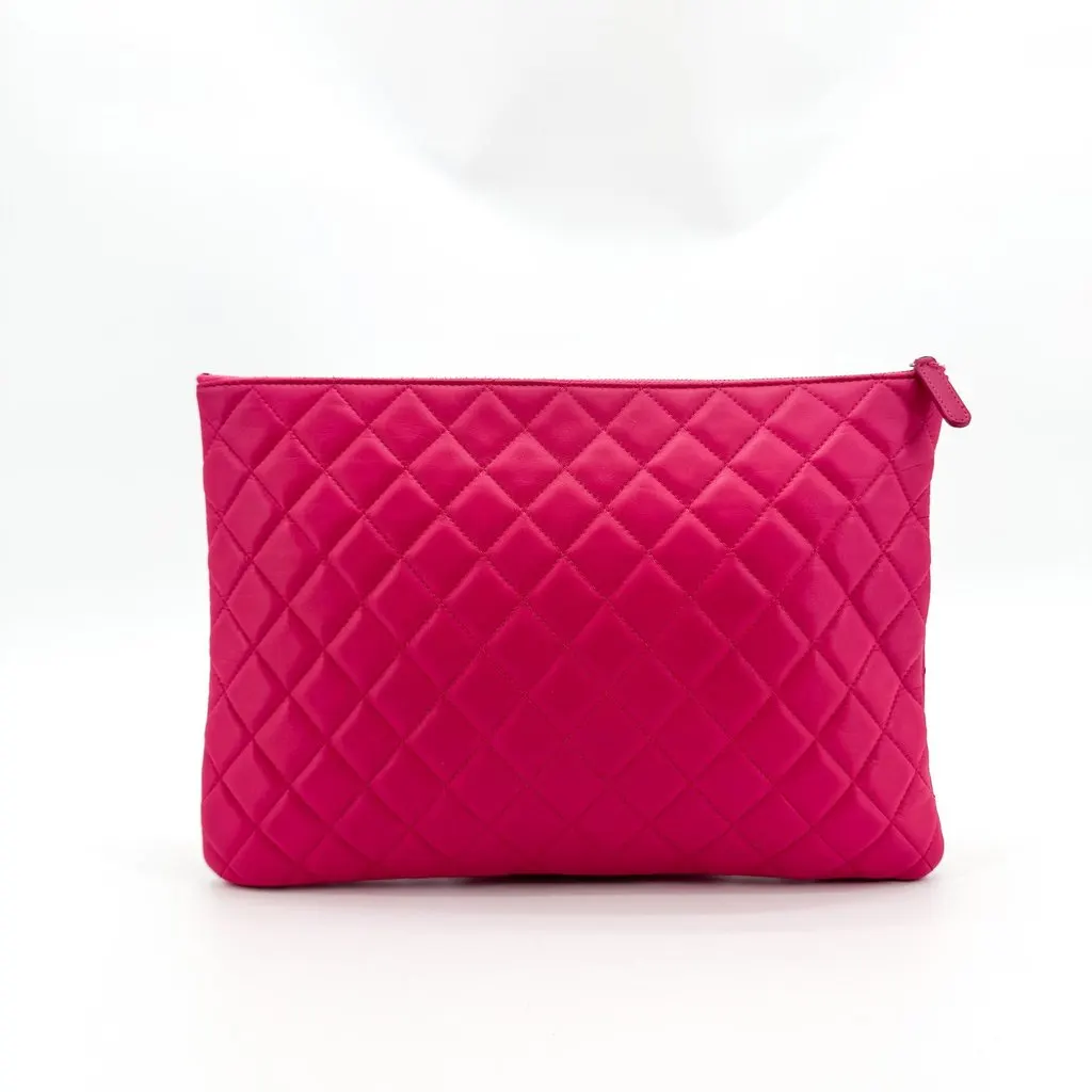 Chanel Classic Quilted O-Case Clutch Large Pink Silver Hardware Pink Leather Good - Inside View