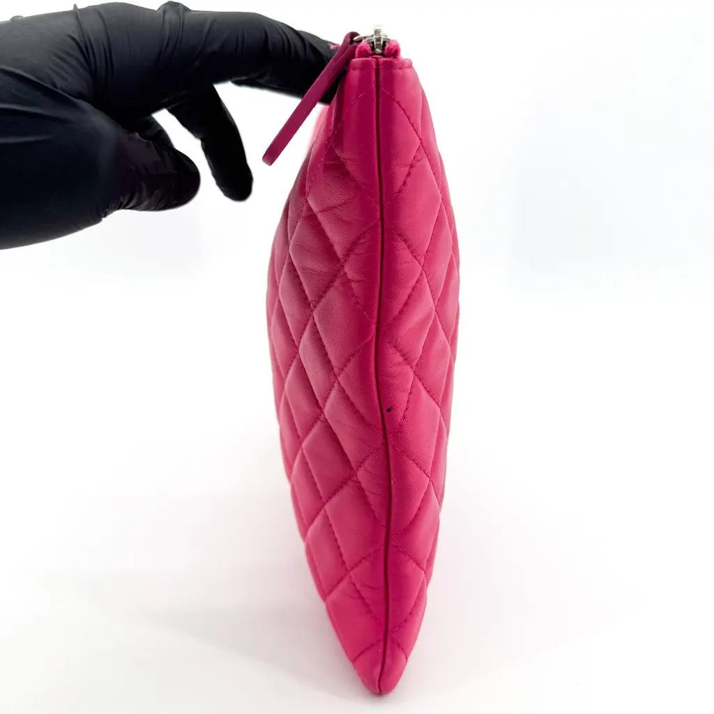 Chanel Classic Quilted O-Case Clutch Large Pink Silver Hardware Pink Leather Good - Model View