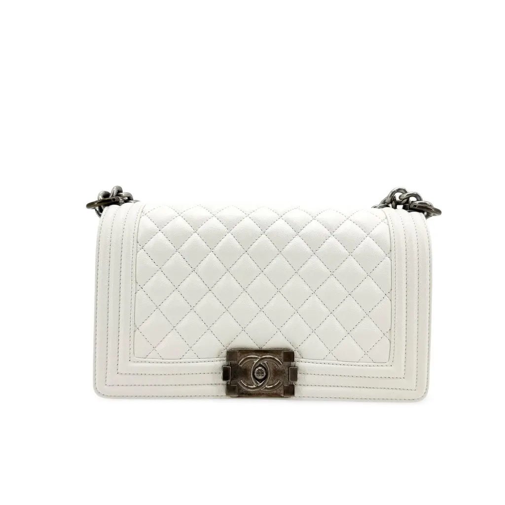 Chanel Boy Flap Bag Medium Vintage Silver Hardware White White Leather Good - Front View