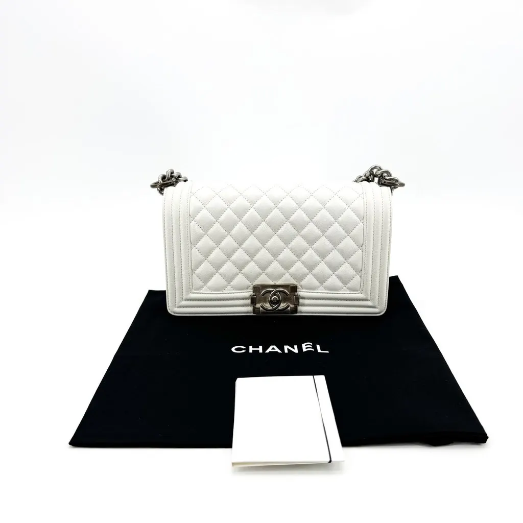 Chanel Boy Flap Bag Medium Vintage Silver Hardware White White Leather Good - Back View