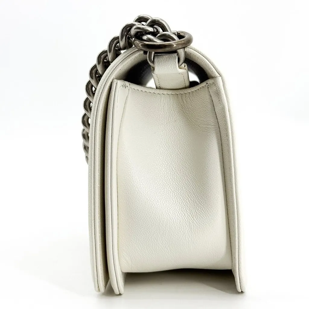Chanel Boy Flap Bag Medium Vintage Silver Hardware White White Leather Good - Model View