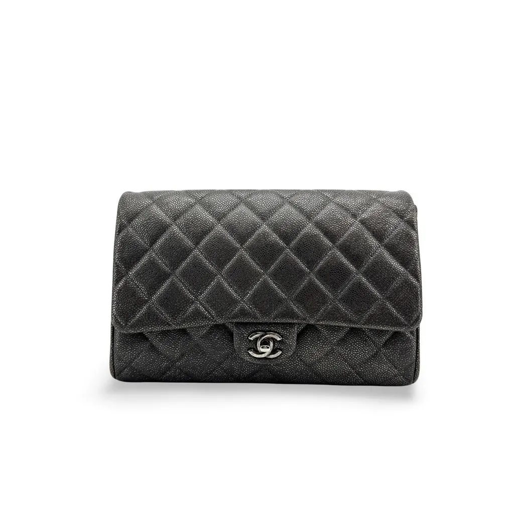 Chanel Classic Medium Flap Bag Caviar Silver Hardware Black Black Leather Good - Front View