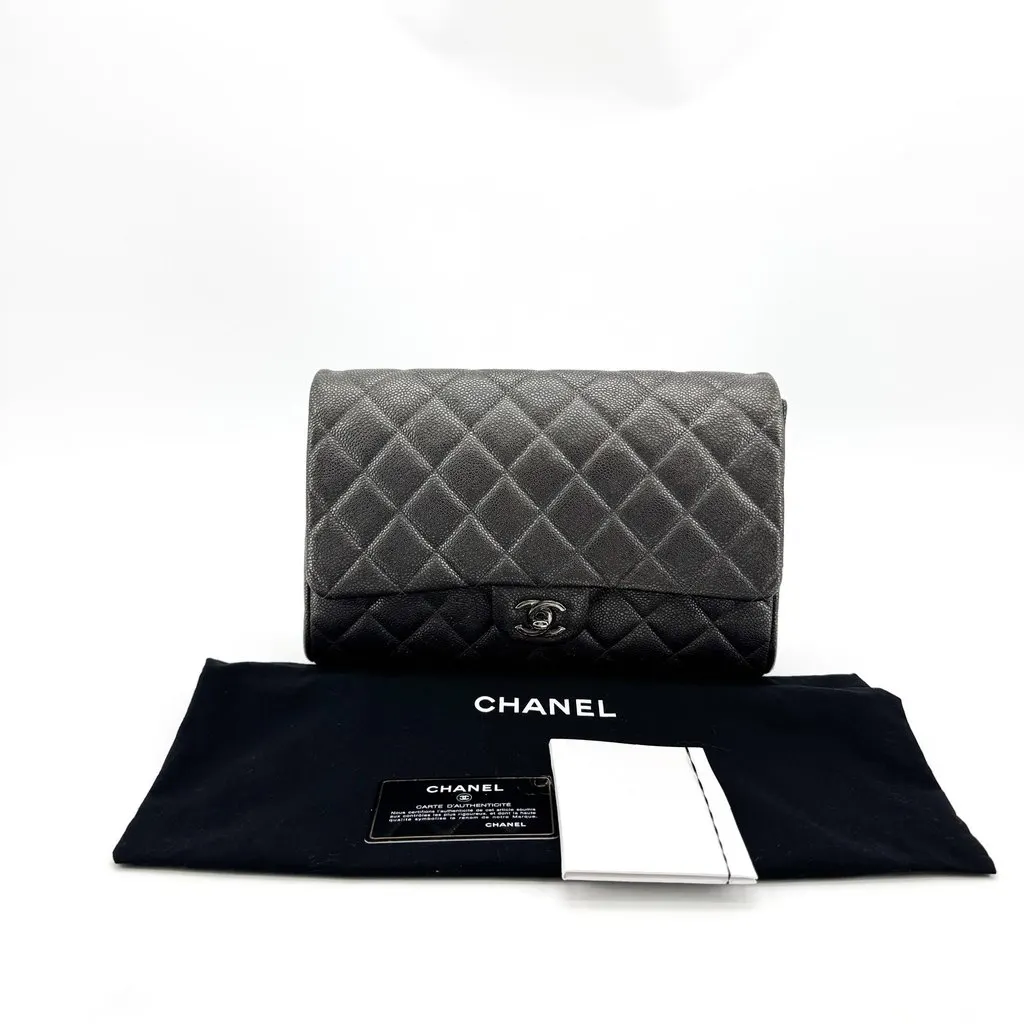 Chanel Classic Medium Flap Bag Caviar Silver Hardware Black Black Leather Good - Back View