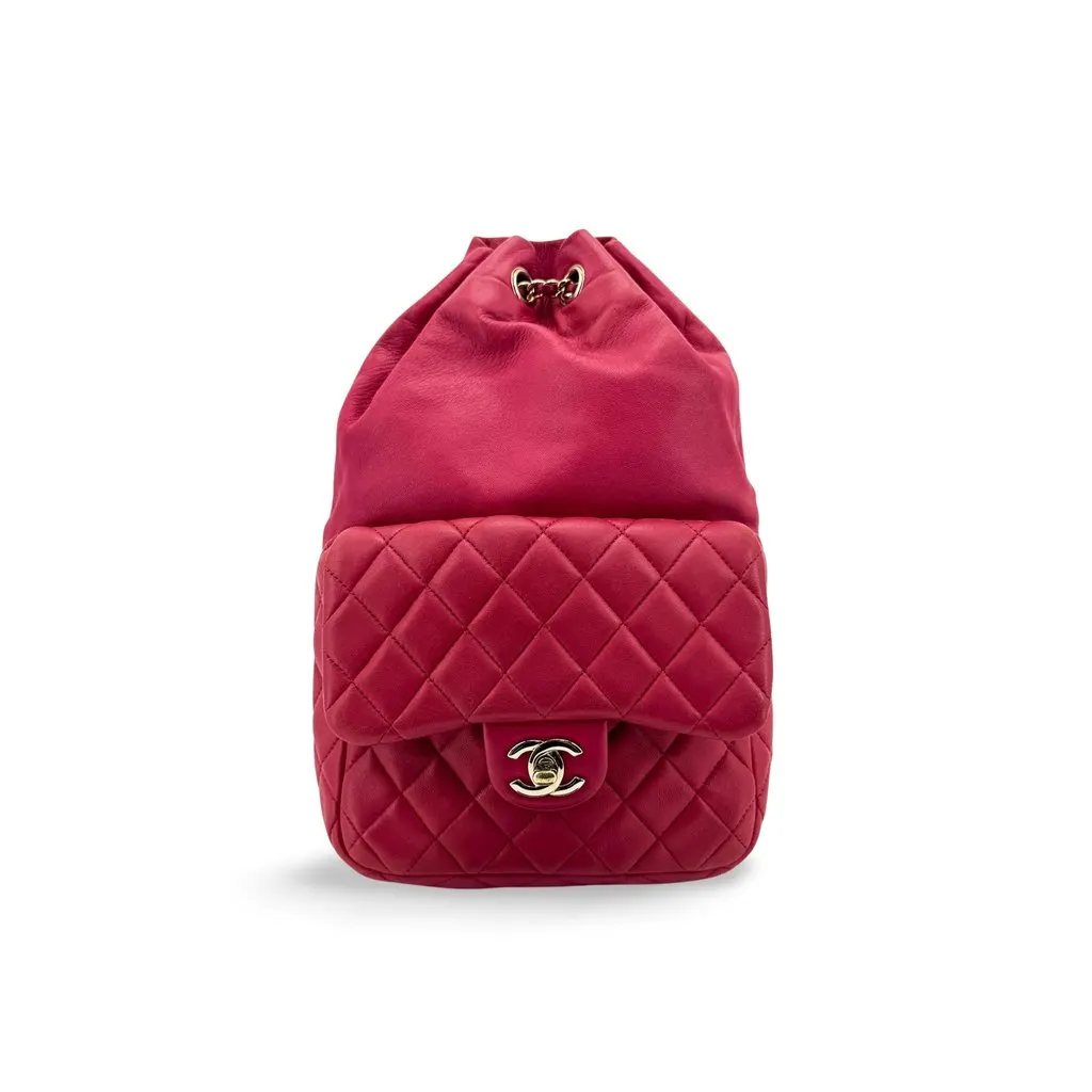 Chanel Quilted Lambskin Mini Drawstring Backpack Pink Champagne Gold Pink Leather Good - Front View