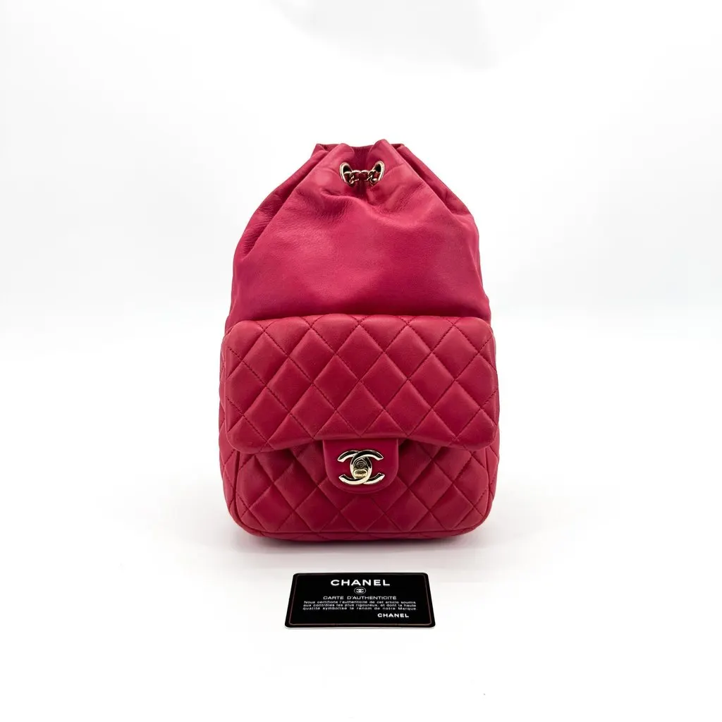 Chanel Quilted Lambskin Mini Drawstring Backpack Pink Champagne Gold Pink Leather Good - Back View