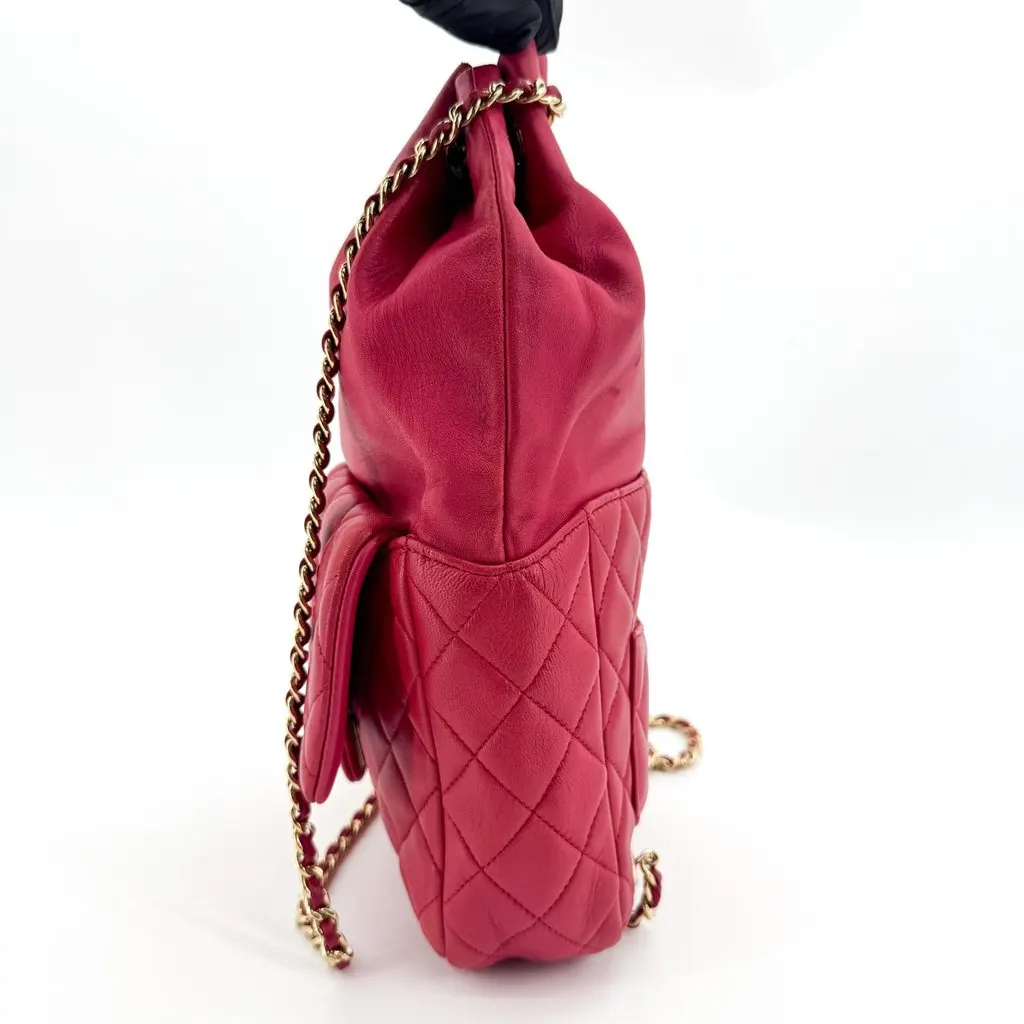 Chanel Quilted Lambskin Mini Drawstring Backpack Pink Champagne Gold Pink Leather Good - Model View