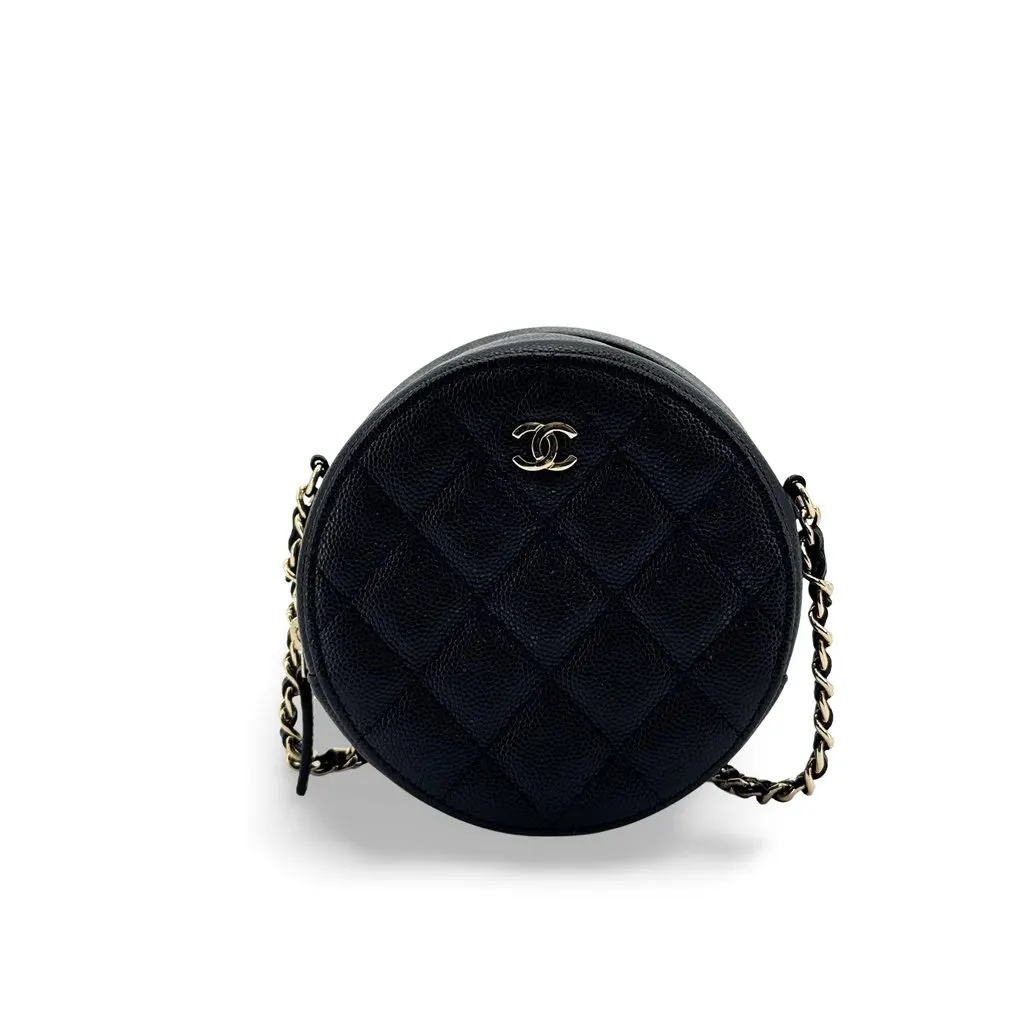 Chanel Classic Round Clutch with Chain Caviar Gold Hardware Black Black Leather Very good - Front View