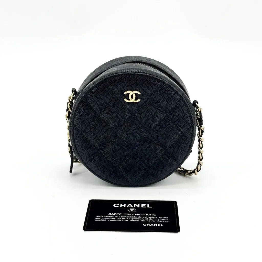 Chanel Classic Round Clutch with Chain Caviar Gold Hardware Black Black Leather Very good - Back View