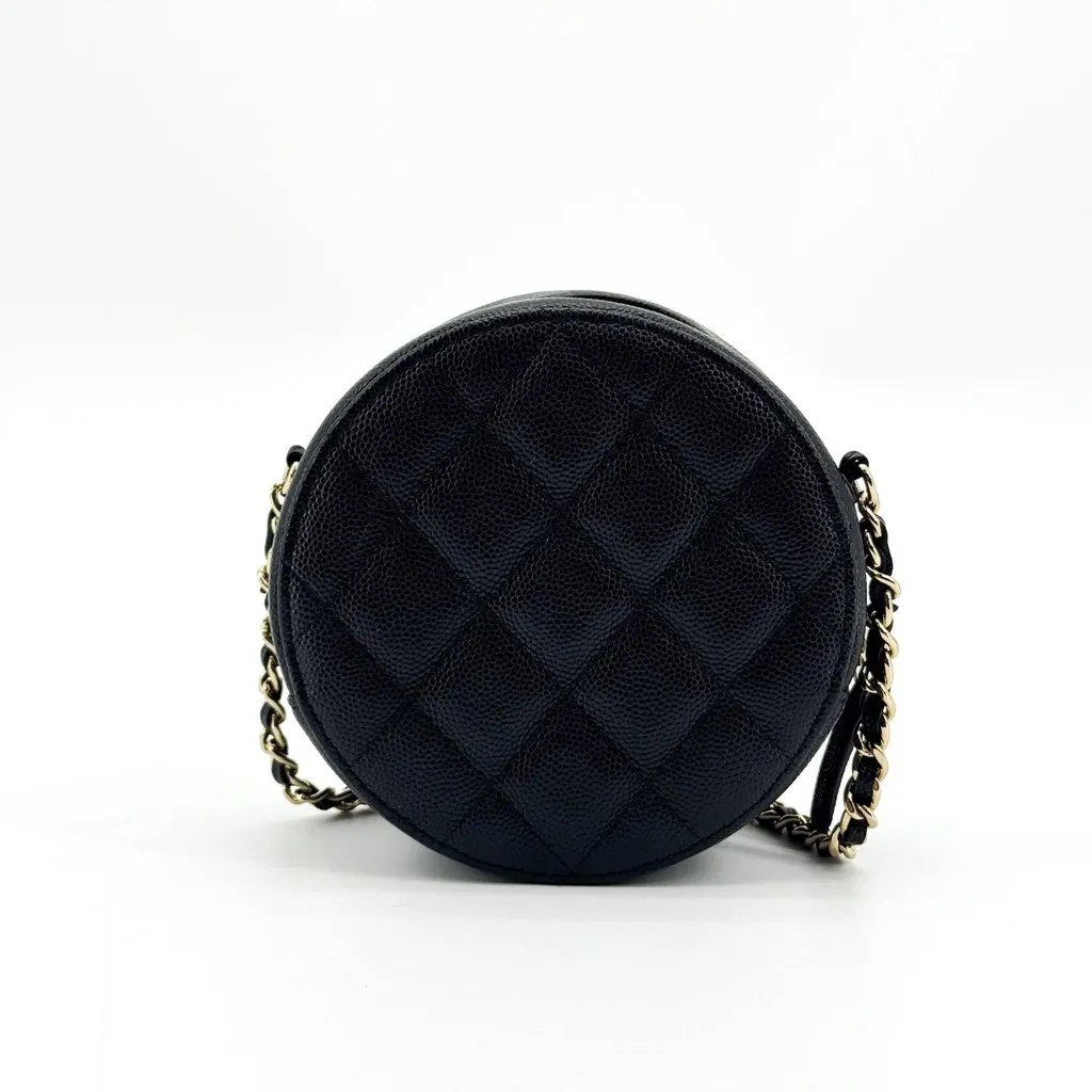 Chanel Classic Round Clutch with Chain Caviar Gold Hardware Black Black Leather Very good - Inside View