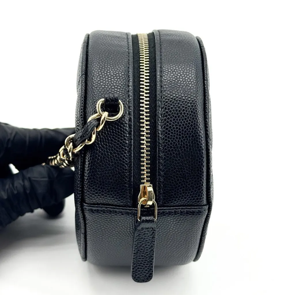 Chanel Classic Round Clutch with Chain Caviar Gold Hardware Black Black Leather Very good - Box View