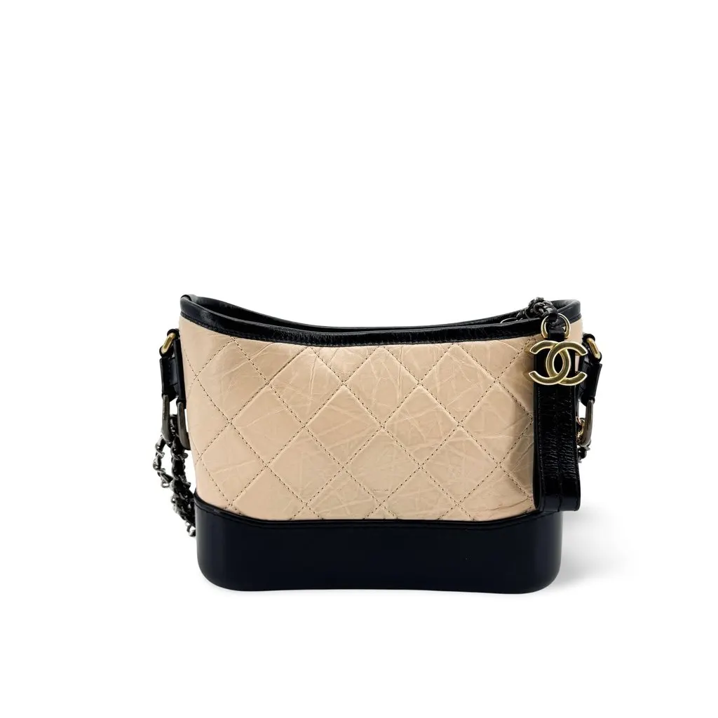 Chanel Gabrielle Small Hobo Bag Aged Calfskin Beige Black Beige Leather Good - Front View