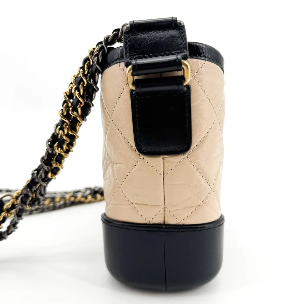 Chanel Gabrielle Small Hobo Bag Aged Calfskin Beige Black Beige Leather Good - Model View