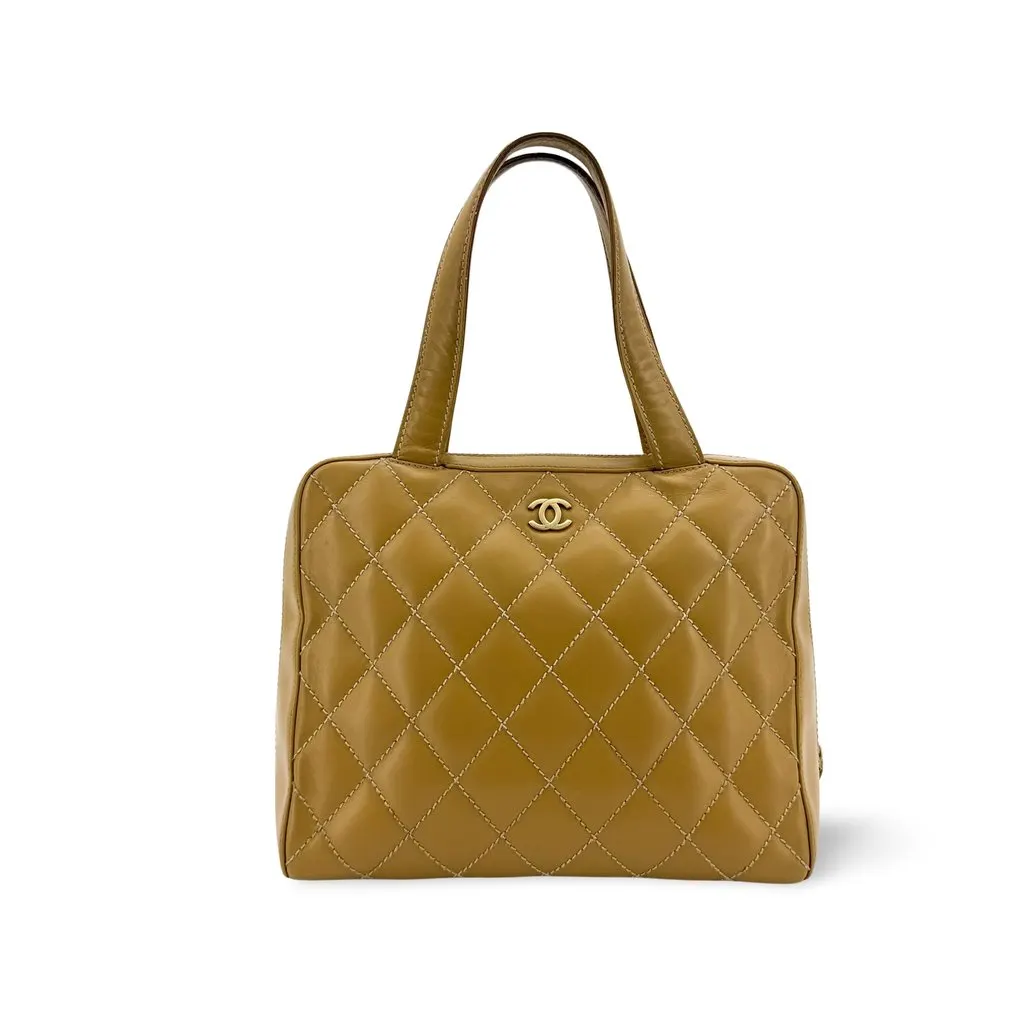 Chanel Wild Stitch Quilted Tote Bag Camel Gold Beige Leather Good - Front View