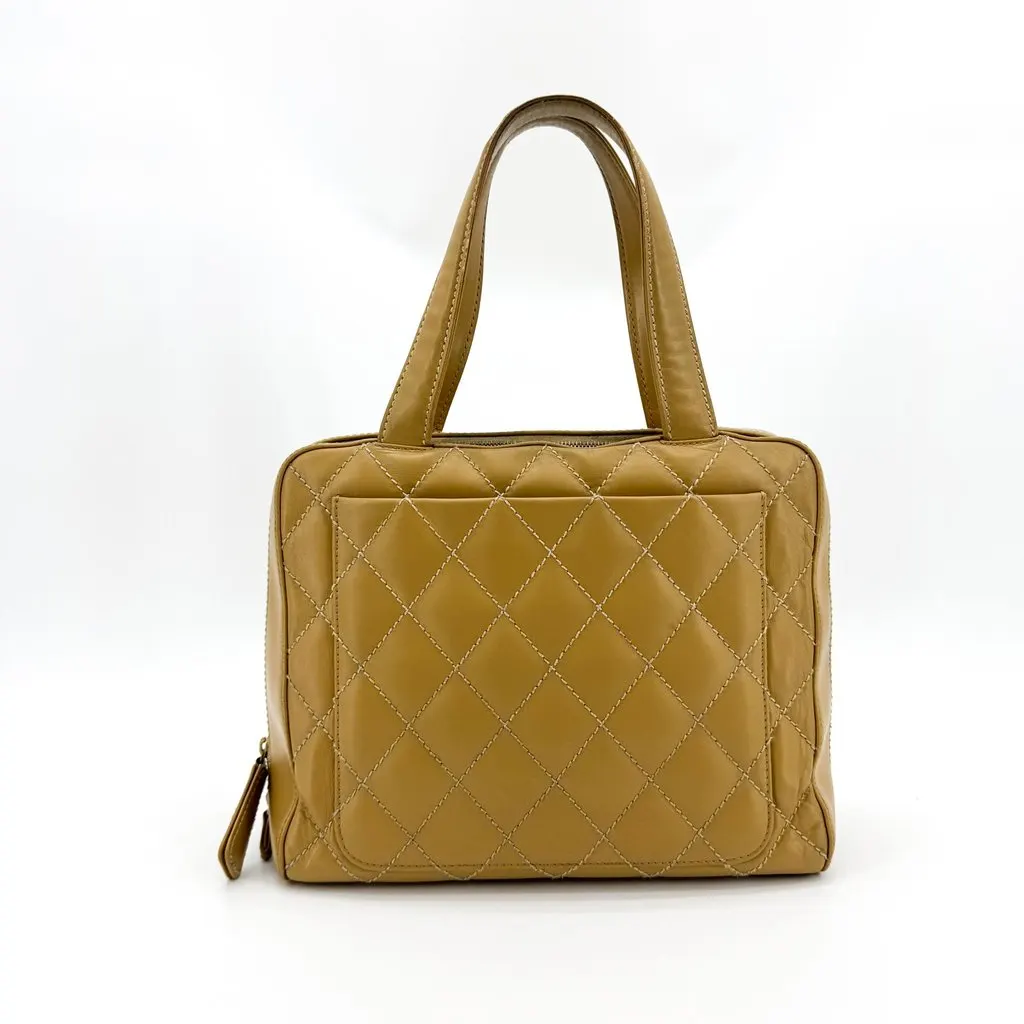 Chanel Wild Stitch Quilted Tote Bag Camel Gold Beige Leather Good - Back View