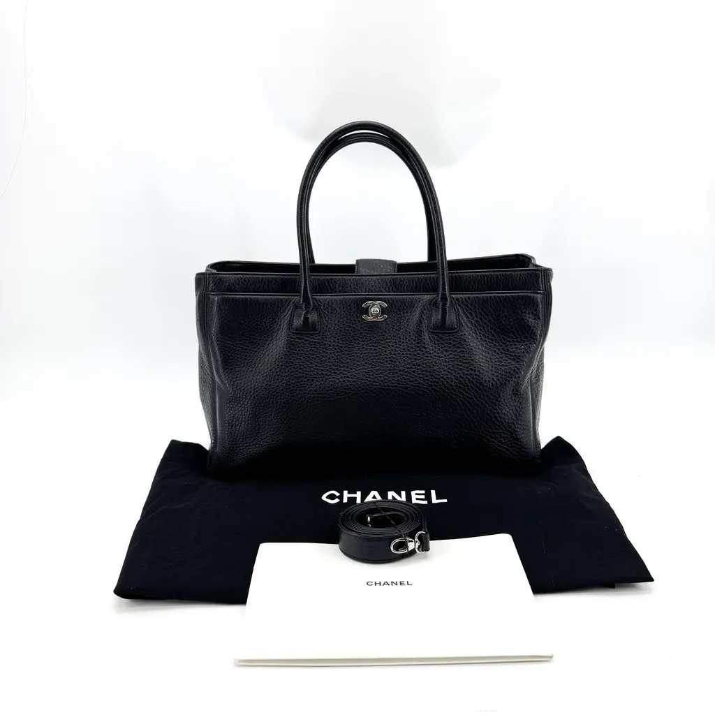 Chanel Executive Cerf Tote Bag Silver Hardware Black Black Leather Good - Back View