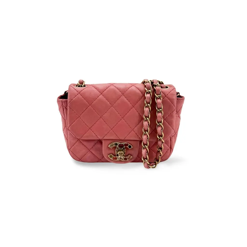 Chanel Jeweled CC Mini Flap Bag Pink Gold Leather Good - Front View