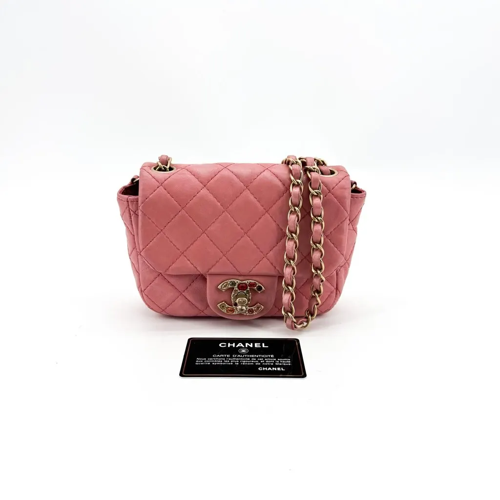 Chanel Jeweled CC Mini Flap Bag Pink Gold Leather Good - Back View