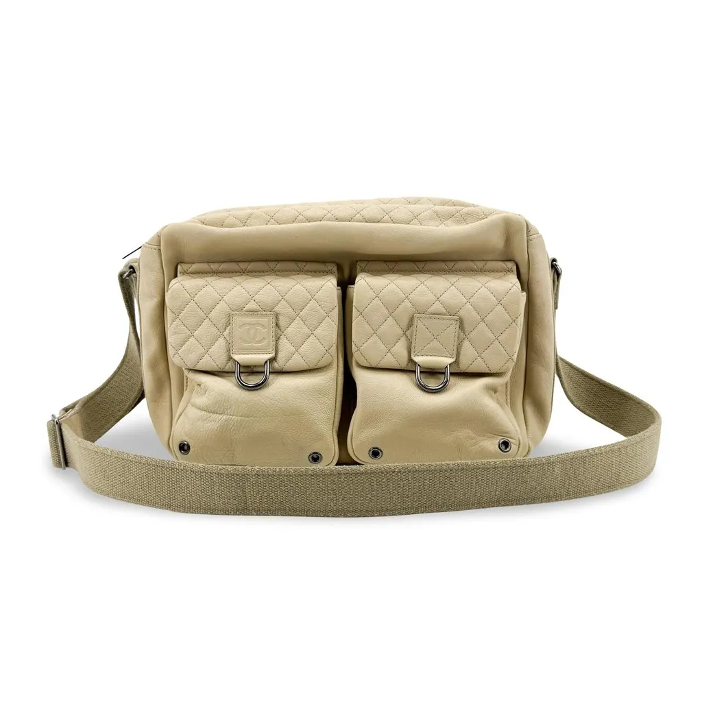 Chanel Quilted Double Pocket Lambskin Crossbody Bag Beige Beige Leather Good - Front View