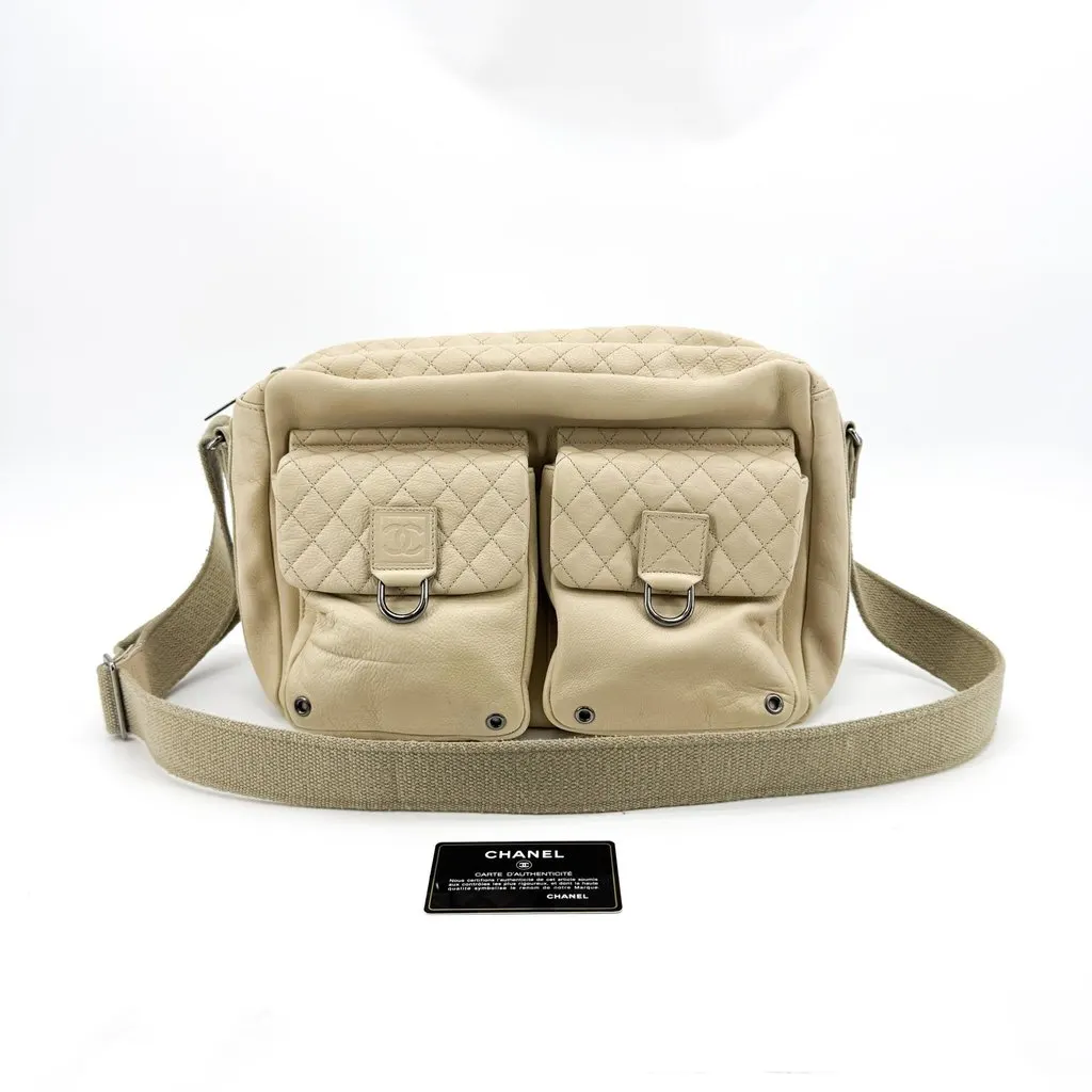 Chanel Quilted Double Pocket Lambskin Crossbody Bag Beige Beige Leather Good - Back View