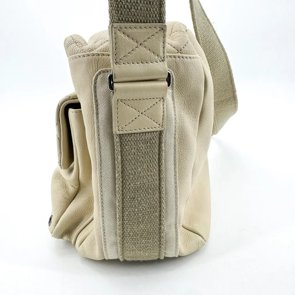 Chanel Quilted Double Pocket Lambskin Crossbody Bag Beige Beige Leather Good - Model View